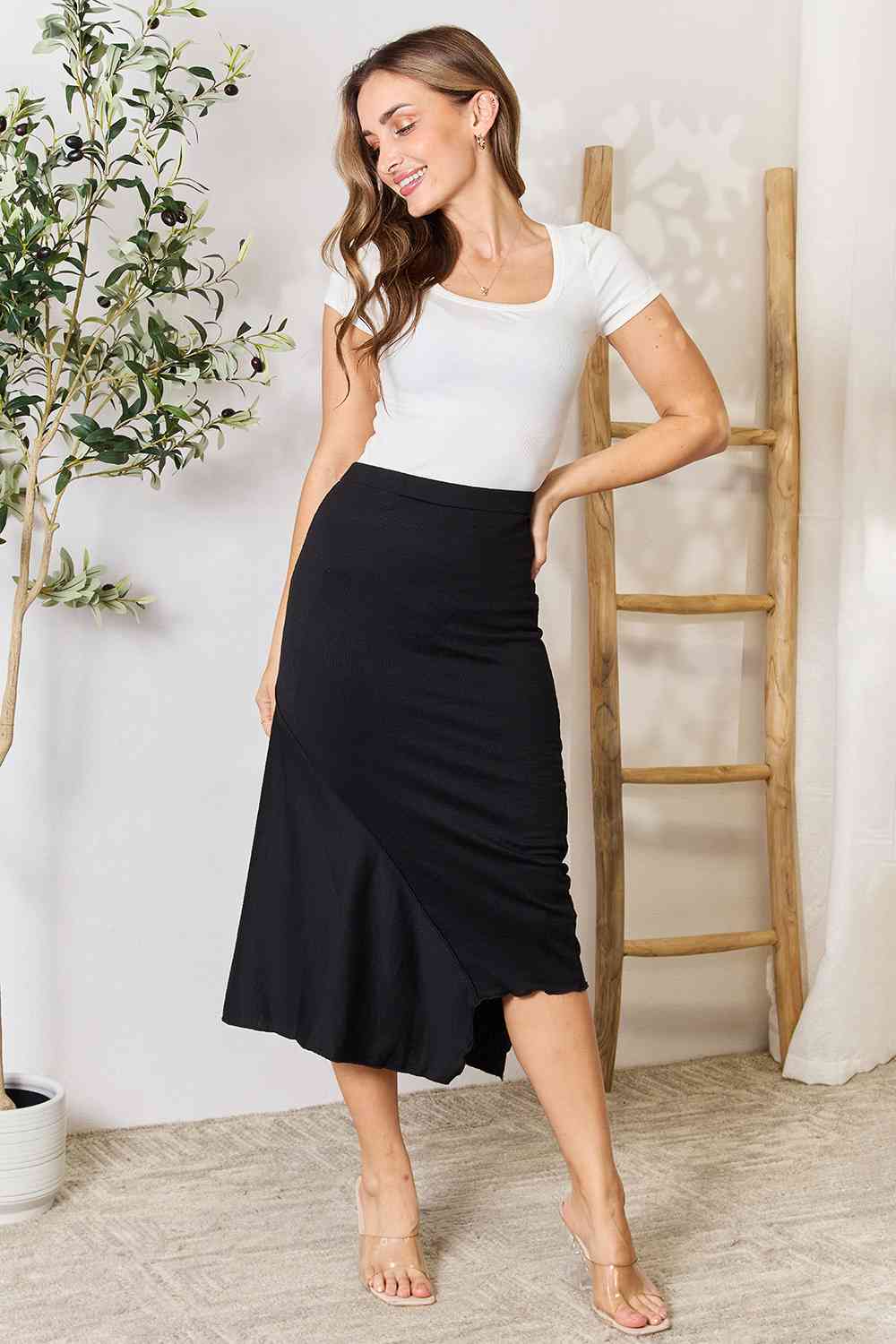 Light Gray Culture Code Full Size High Waist Midi Skirt Sentient Beauty Fashions Apparel & Accessories