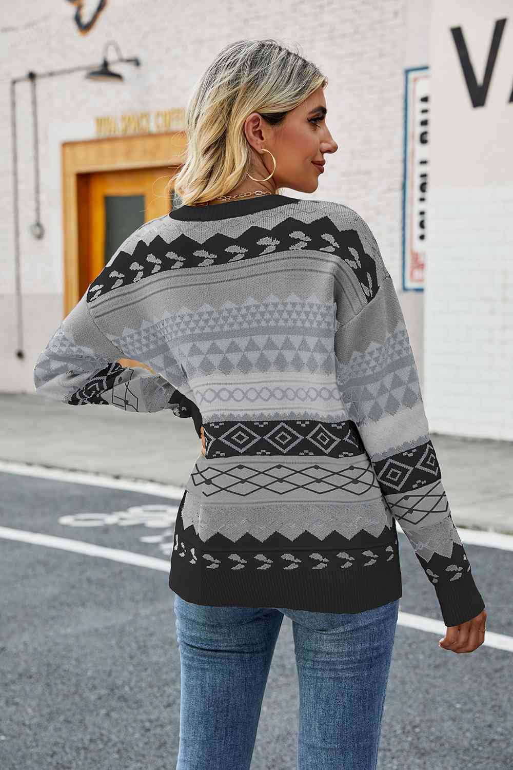 Light Slate Gray Round Neck Drop Shoulder Sweater