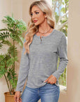 Dark Gray Buttoned Round Neck  Long Sleeve T-Shirt