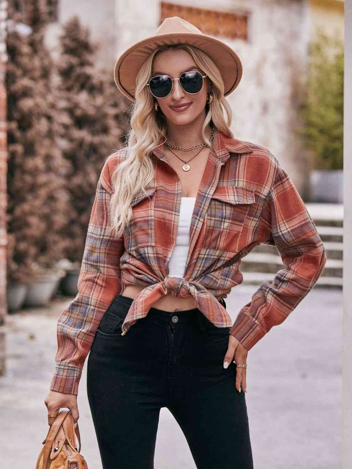Rosy Brown Plaid Dropped Shoulder Longline Shirt Sentient Beauty Fashions Apparel &amp; Accessories