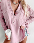 Gray Texture Half Button Raw Hem Sweatshirt Sentient Beauty Fashions Apparel & Accessories
