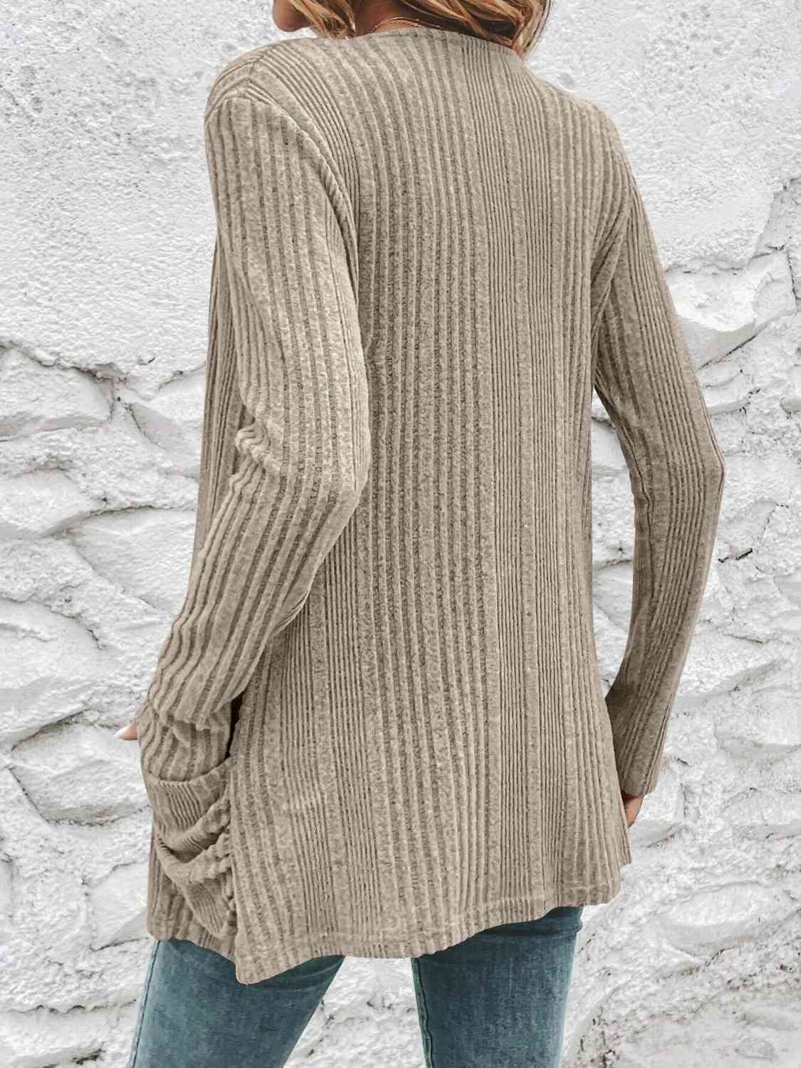 Gray Ribbed Open Front Cardigan with Pockets
