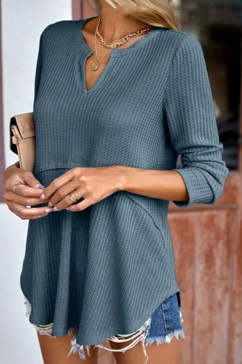 Dark Slate Gray Waffle-Knit Notched Long Sleeve Blouse Sentient Beauty Fashions Apparel & Accessories