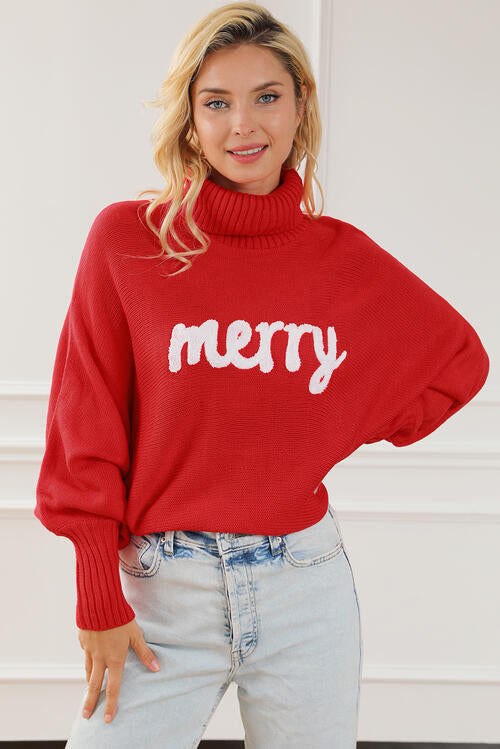 Light Gray Merry Letter Embroidered High Neck Sweater Sentient Beauty Fashions Apparel &amp; Accessories