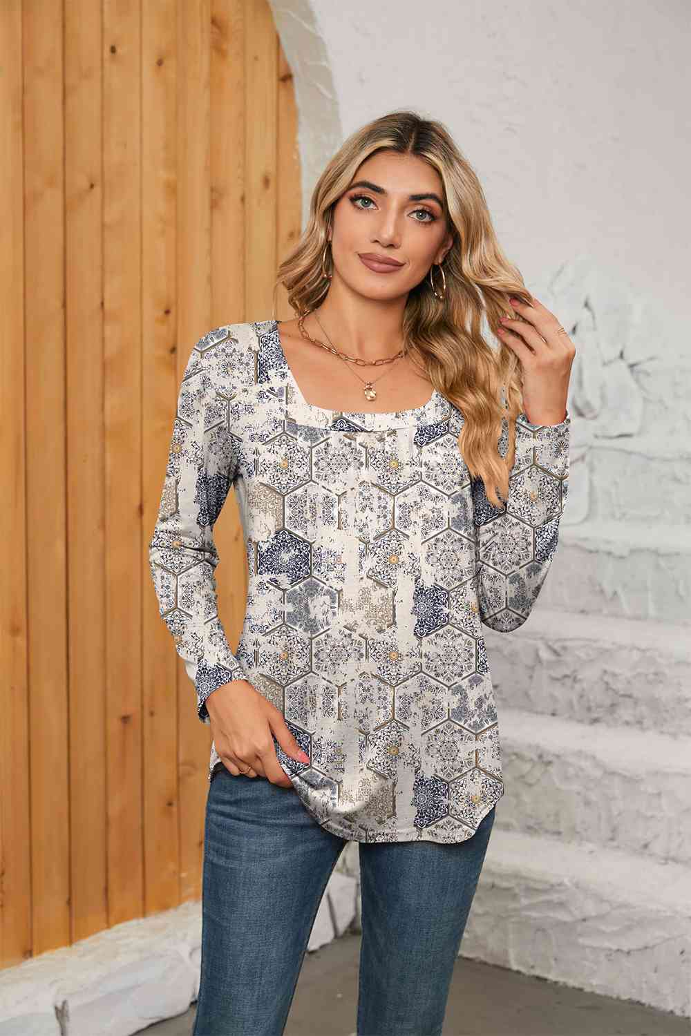 Rosy Brown Printed Square Neck Long Sleeve Blouse Sentient Beauty Fashions Apparel &amp; Accessories