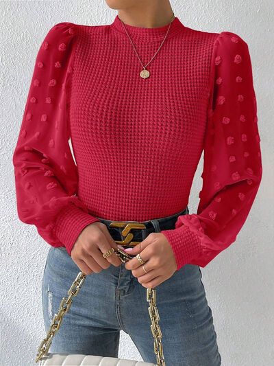 Brown Swiss Dot Waffle-Knit Lantern Sleeve T-Shirt Sentient Beauty Fashions Apparel &amp; Accessories