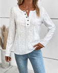 Light Gray Openwork Half Button Long Sleeve Blouse