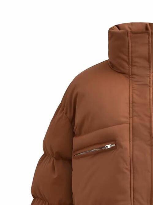 Saddle Brown Snap and Zip Closure Drawstring Cropped Winter Coat