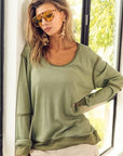 Dark Khaki BiBi Waffle Knit Contrast Trim Long Sleeve T-Shirt