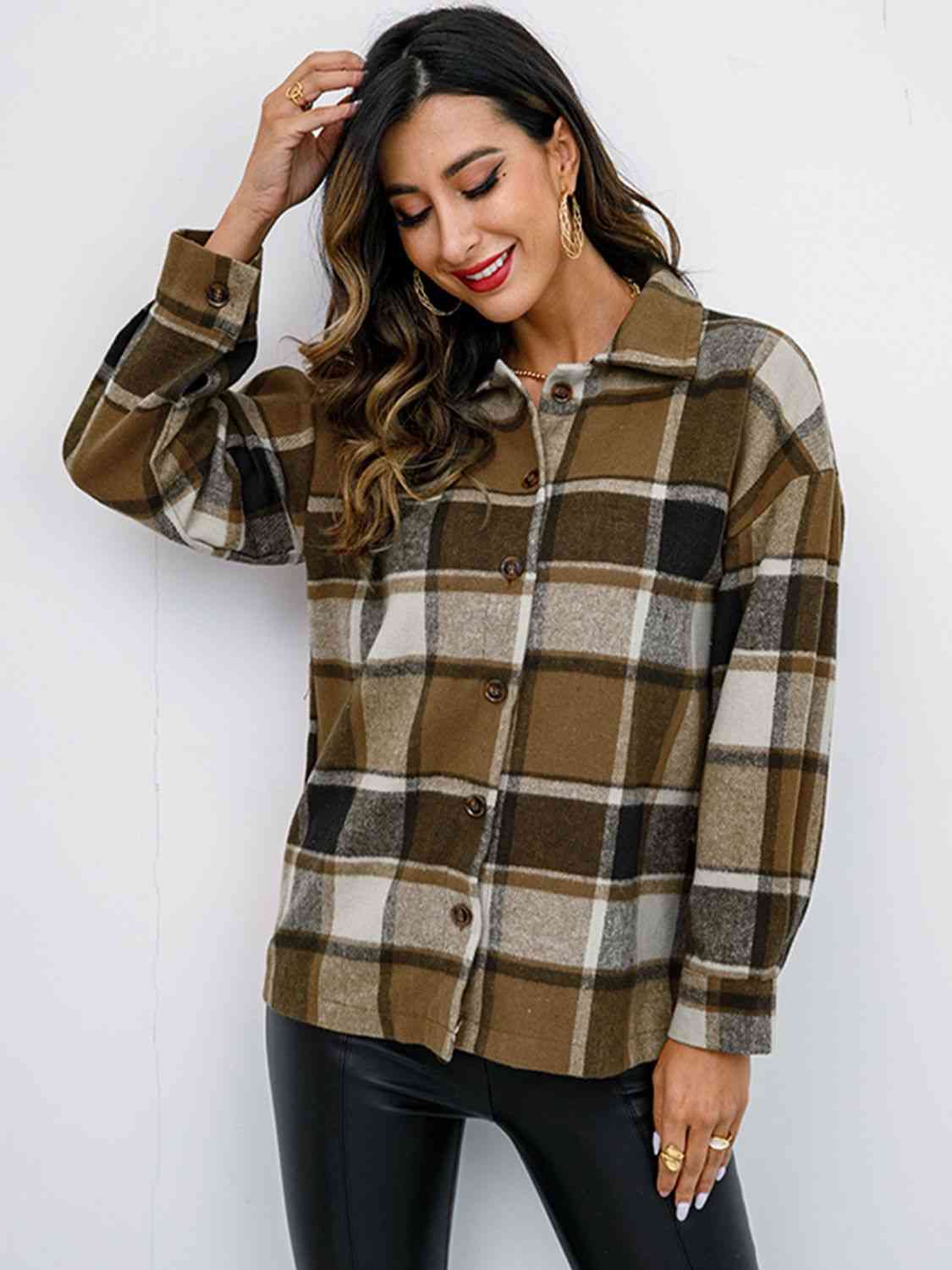 Black Plaid Button Up Collared Neck Jacket Sentient Beauty Fashions Apparel &amp; Accessories