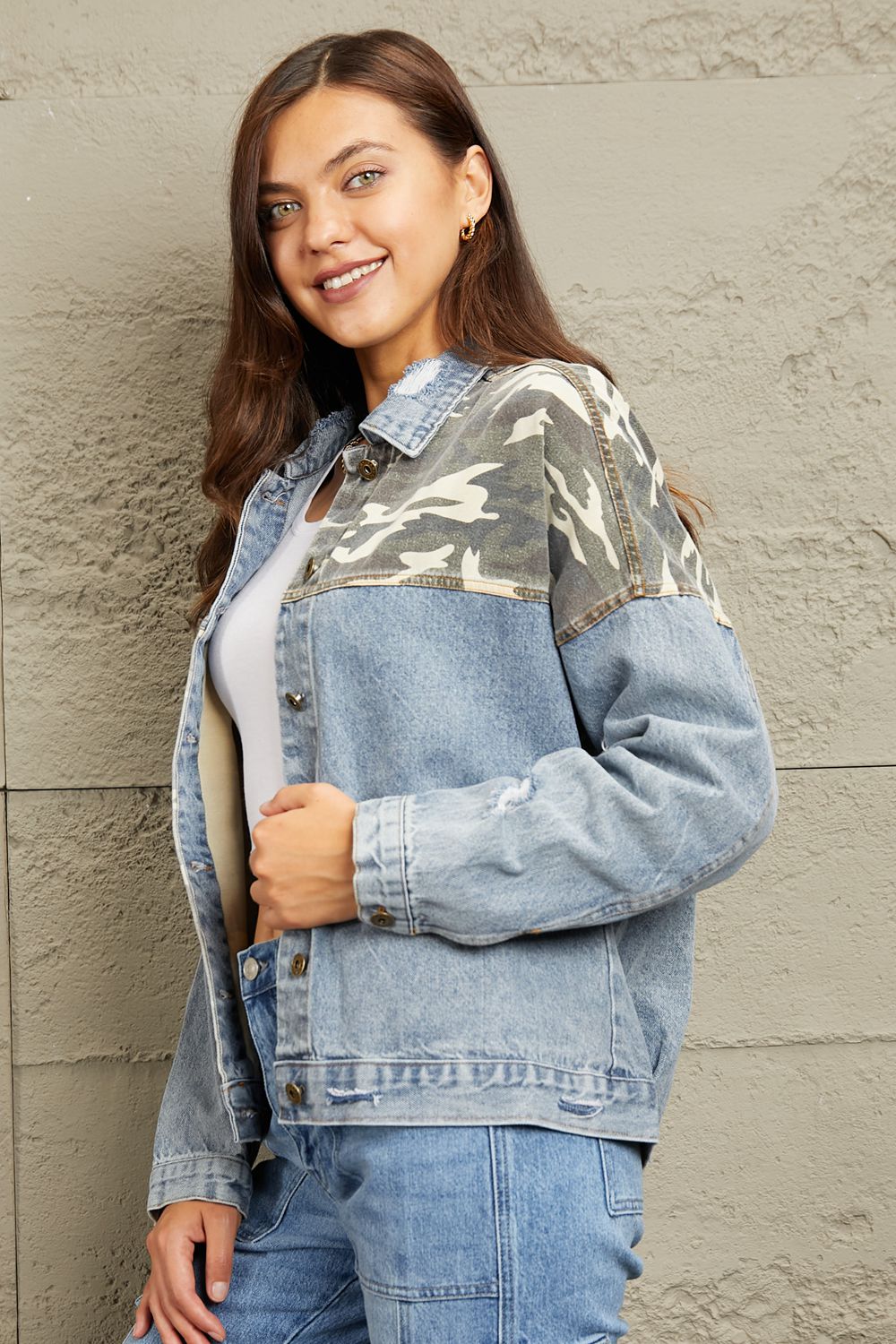 Dark Gray GeeGee Full Size Washed Denim Camo Contrast Jacket Sentient Beauty Fashions Apparel &amp; Accessories
