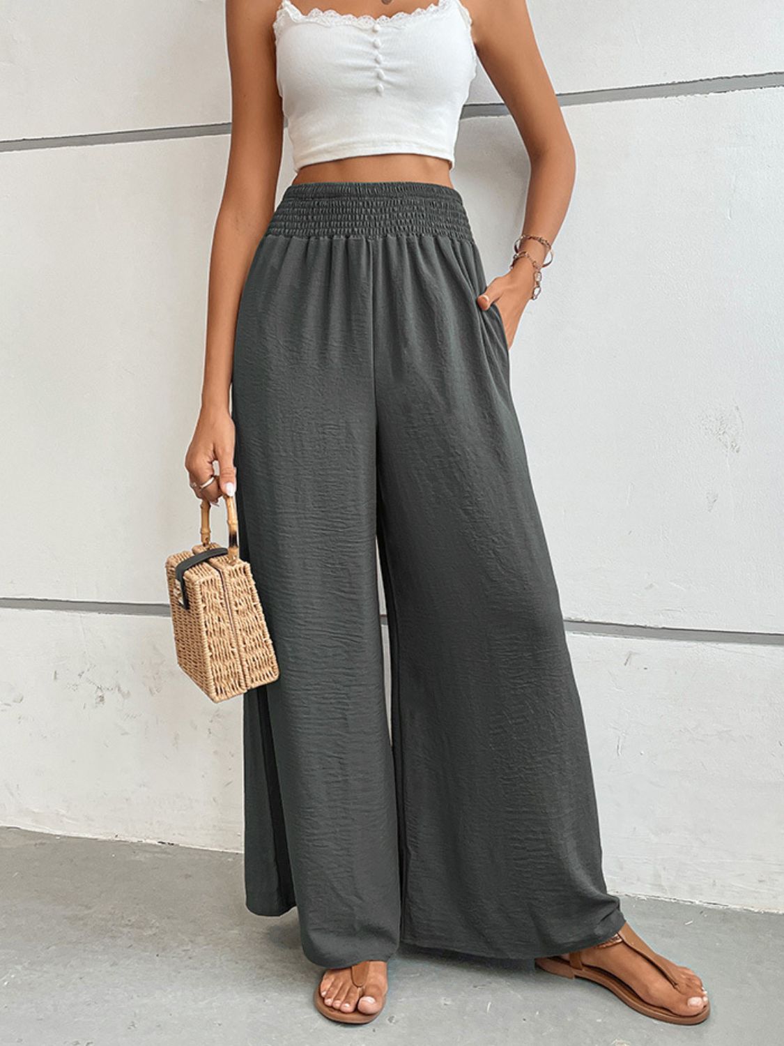Dark Slate Gray Wide Waistband Relax Fit Long Pants Sentient Beauty Fashions Apparel & Accessories