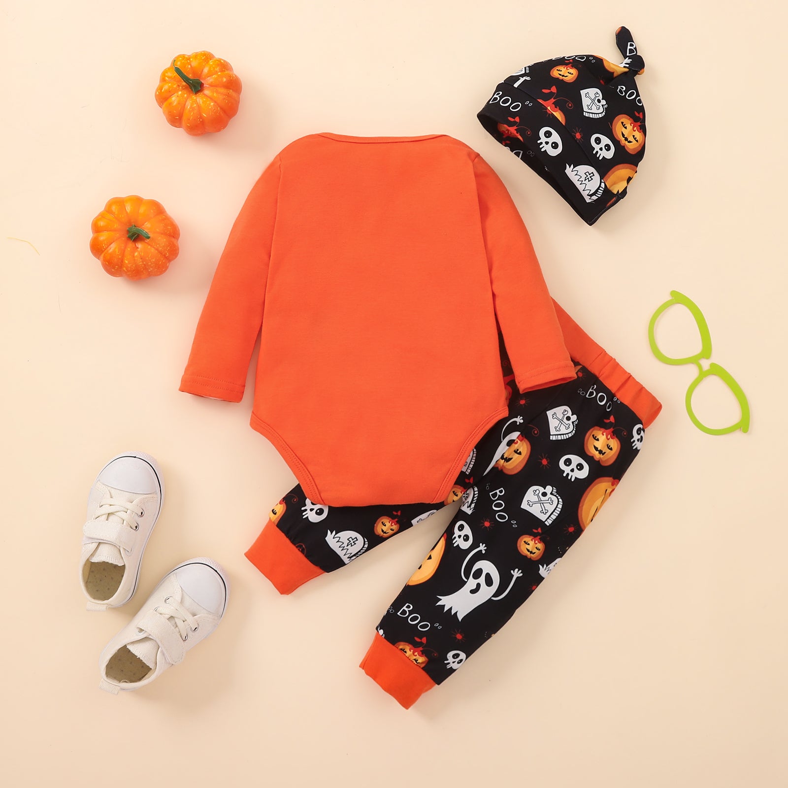 Peach Puff MY FIRST HALLOWEEN Graphic Bodysuit and Printed Long Pants Set Sentient Beauty Fashions Apparel & Accessories