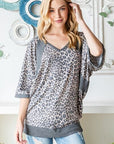 Light Gray Heimish Full Size Leopard Contrast V-Neck Half Sleeve T-Shirt