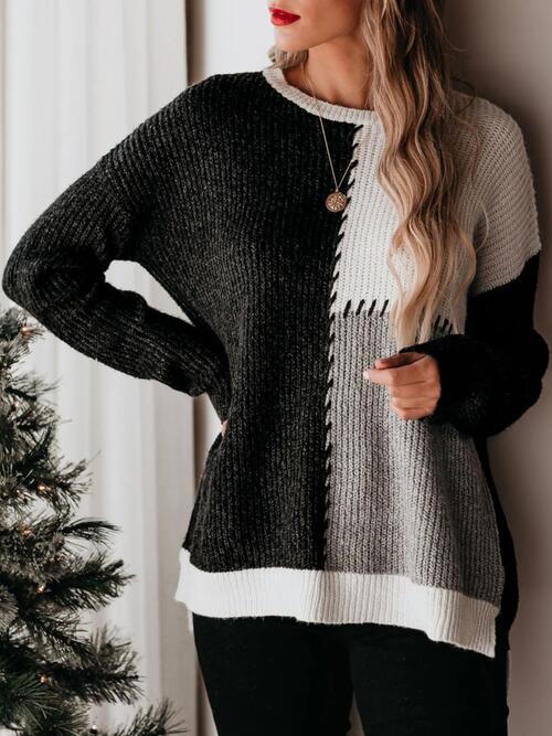 Gray Color Block Round Neck Long Sleeve Sweater Sentient Beauty Fashions Apparel &amp; Accessories