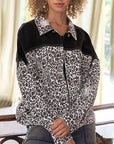 Dark Slate Gray Leopard Print Dropped Shoulder Long Sleeve Denim Jacket Sentient Beauty Fashions Apparel & Accessories