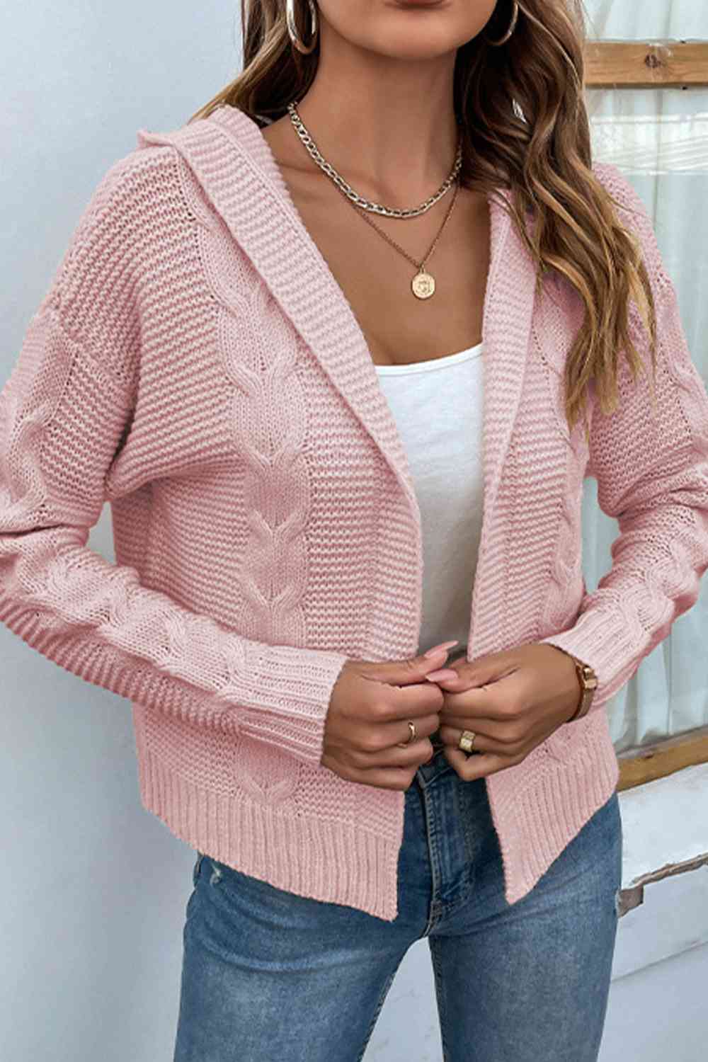 Gray Cable-Knit Dropped Shoulder Hooded Cardigan