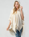 Light Gray Fringed Crochet Buttoned Hooded Poncho Sentient Beauty Fashions Apparel & Accessories