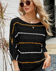 Gray Eyelet Striped Round Neck Knit Top Sentient Beauty Fashions Apparel & Accessories