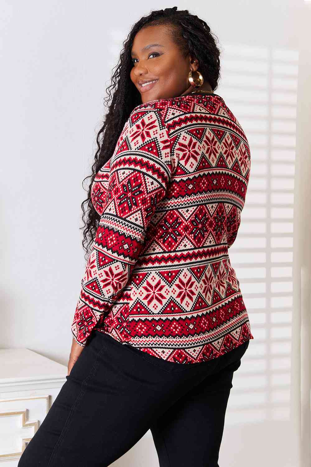 Black Heimish Full Size Snowflake Print Long Sleeve Top Sentient Beauty Fashions Apparel &amp; Accessories