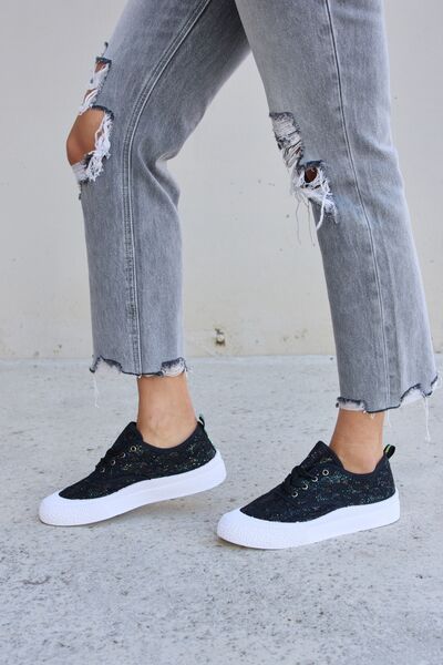 Gray Forever Link Sequin Lace-Up Platform Sneakers Sentient Beauty Fashions Apparel & Accessories