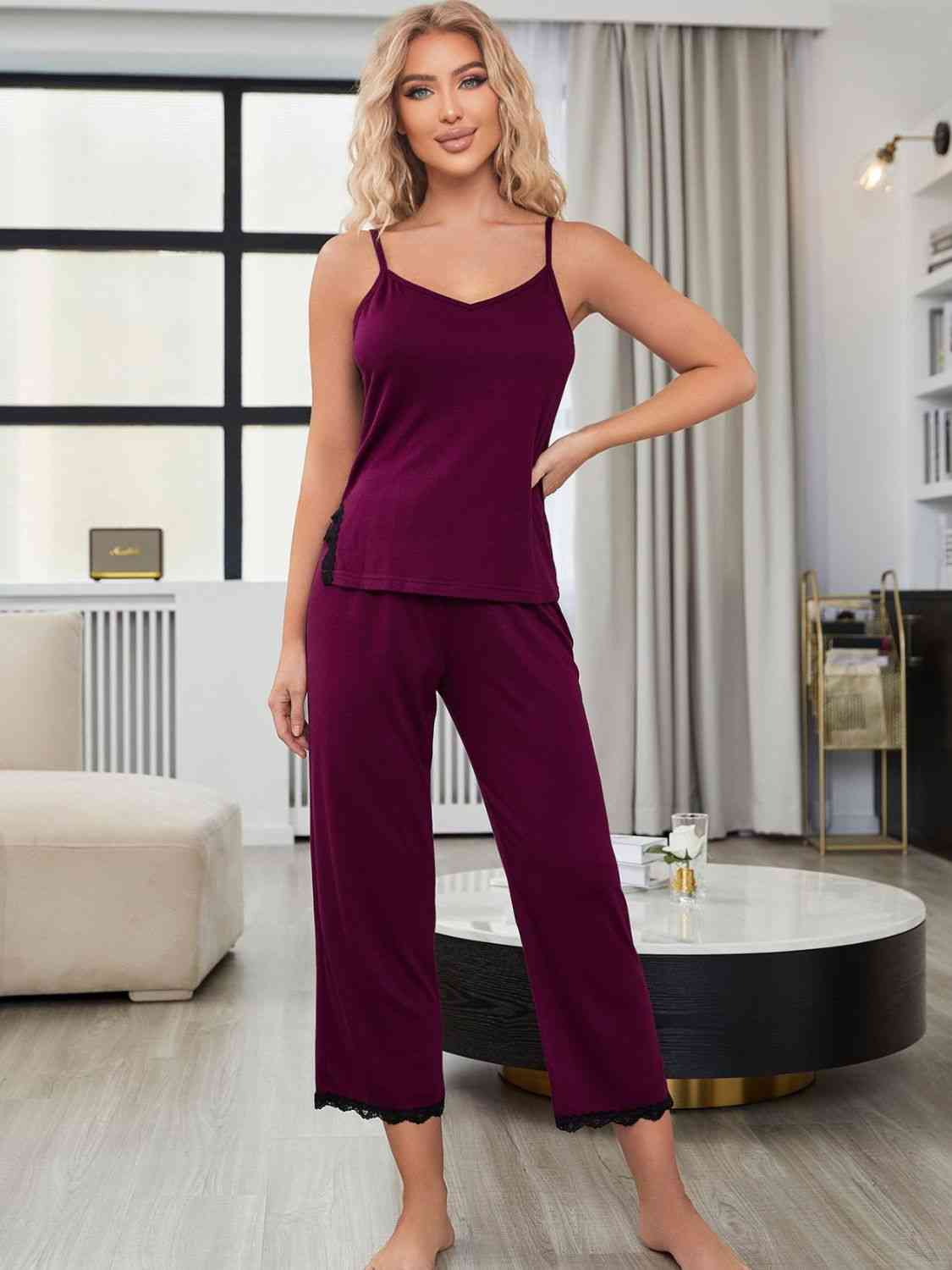 Gray V-Neck Lace Trim Slit Cami and Pants Pajama Set Sentient Beauty Fashions Apparel & Accessories