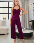 Gray V-Neck Lace Trim Slit Cami and Pants Pajama Set