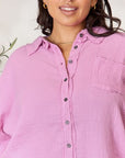 Thistle Zenana Full Size Texture Button Up Raw Hem Long Sleeve Shirt Sentient Beauty Fashions Apparel & Accessories