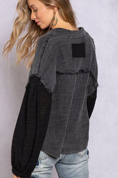 Gray POL Oversize Contrast Long Sleeve Half Button Blouse Sentient Beauty Fashions Apparel &amp; Accessories