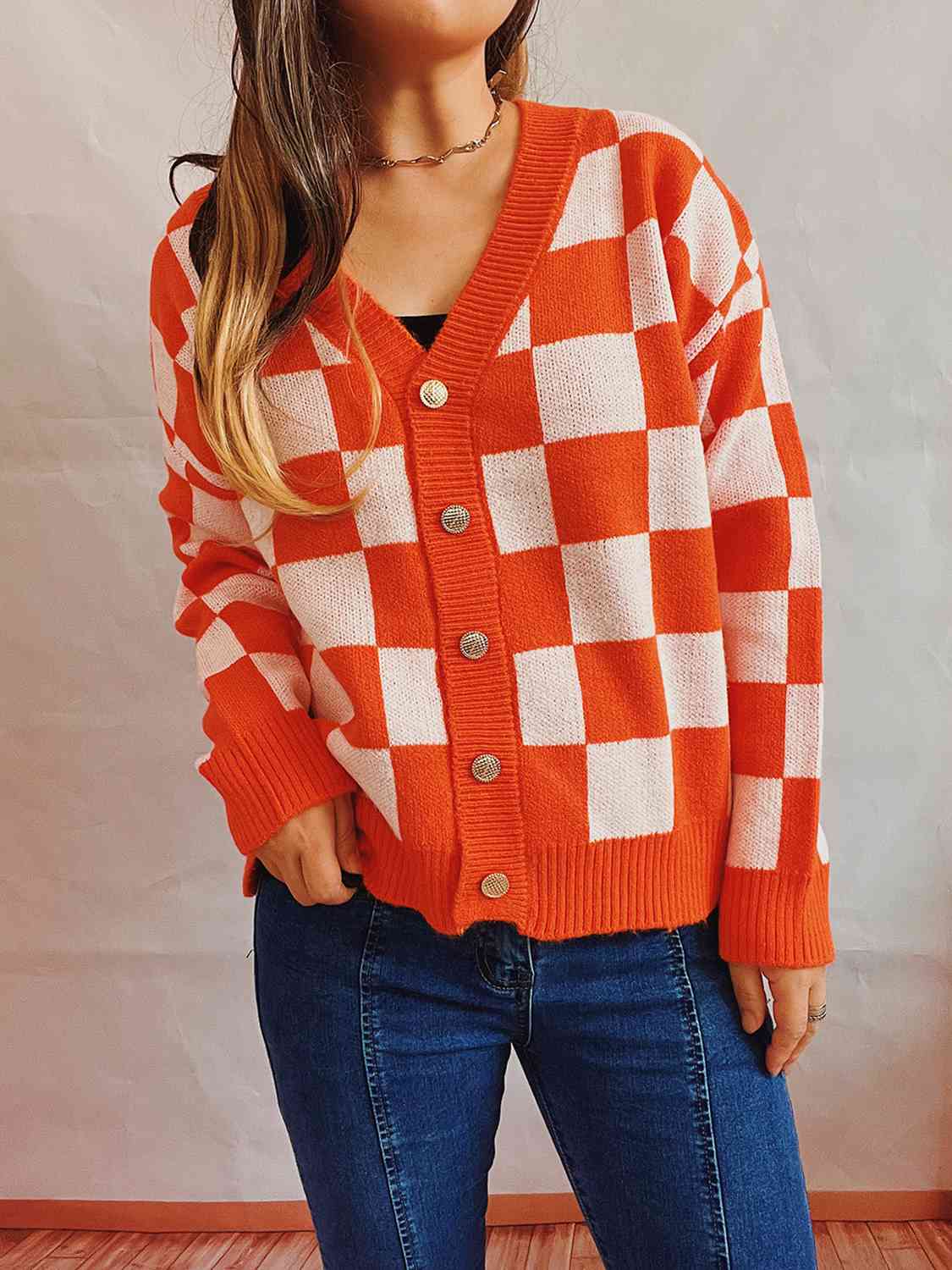 Tan Checkered Open Front Button Up Cardigan Sentient Beauty Fashions Apparel &amp; Accessories