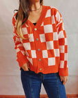 Tan Checkered Open Front Button Up Cardigan