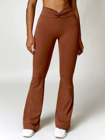 Saddle Brown Twisted High Waist Active Pants with Pockets Sentient Beauty Fashions Apparel &amp; Accessories