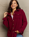 Dark Red Ninexis Collared Neck Buttoned Front Pocket Jacket Sentient Beauty Fashions Apparel & Accessories