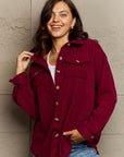 Dark Red Ninexis Collared Neck Buttoned Front Pocket Jacket