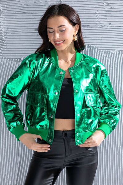 Cadet Blue Snap Pocketed Cropped Jacket Sentient Beauty Fashions Apparel & Accessories