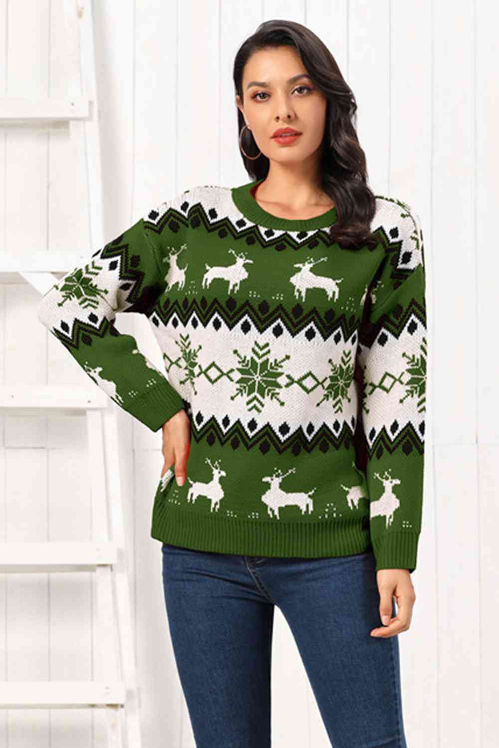 Beige Reindeer Round Neck Sweater