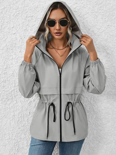 Gray Drawstring Zip Up Hooded Jacket Sentient Beauty Fashions Apparel & Accessories