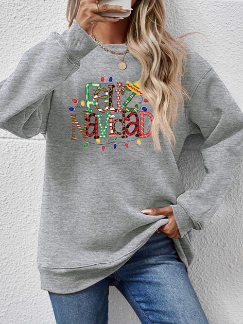 Dark Gray FELIZ NAVIDAD Round Neck Drop Shoulder Sweatshirt