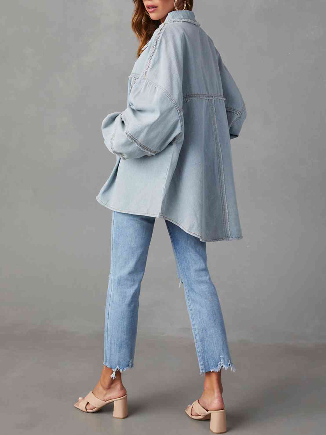 Light Slate Gray Button Down Raw Hem Denim Jacket Sentient Beauty Fashions Apparel &amp; Accessories