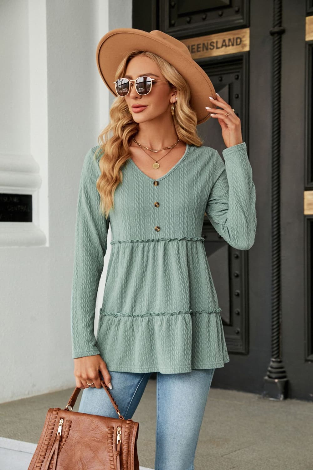 Dark Gray Long Sleeve V-Neck Cable-Knit Blouse