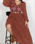 Sienna Plus Size Embroidered Tie Neck Long Sleeve Dress Sentient Beauty Fashions Apparel & Accessories