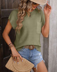 Dim Gray Pocketed Round Neck Cap Sleeve Sweater Sentient Beauty Fashions Apparel & Accessories
