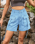 Dark Olive Green High Waist Denim Cargo Shorts Sentient Beauty Fashions Apparel & Accessories