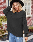 Dark Slate Gray Ribbed Drop Shoulder Lantern Sleeve Sweater