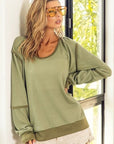 Dark Khaki BiBi Waffle Knit Contrast Trim Long Sleeve T-Shirt