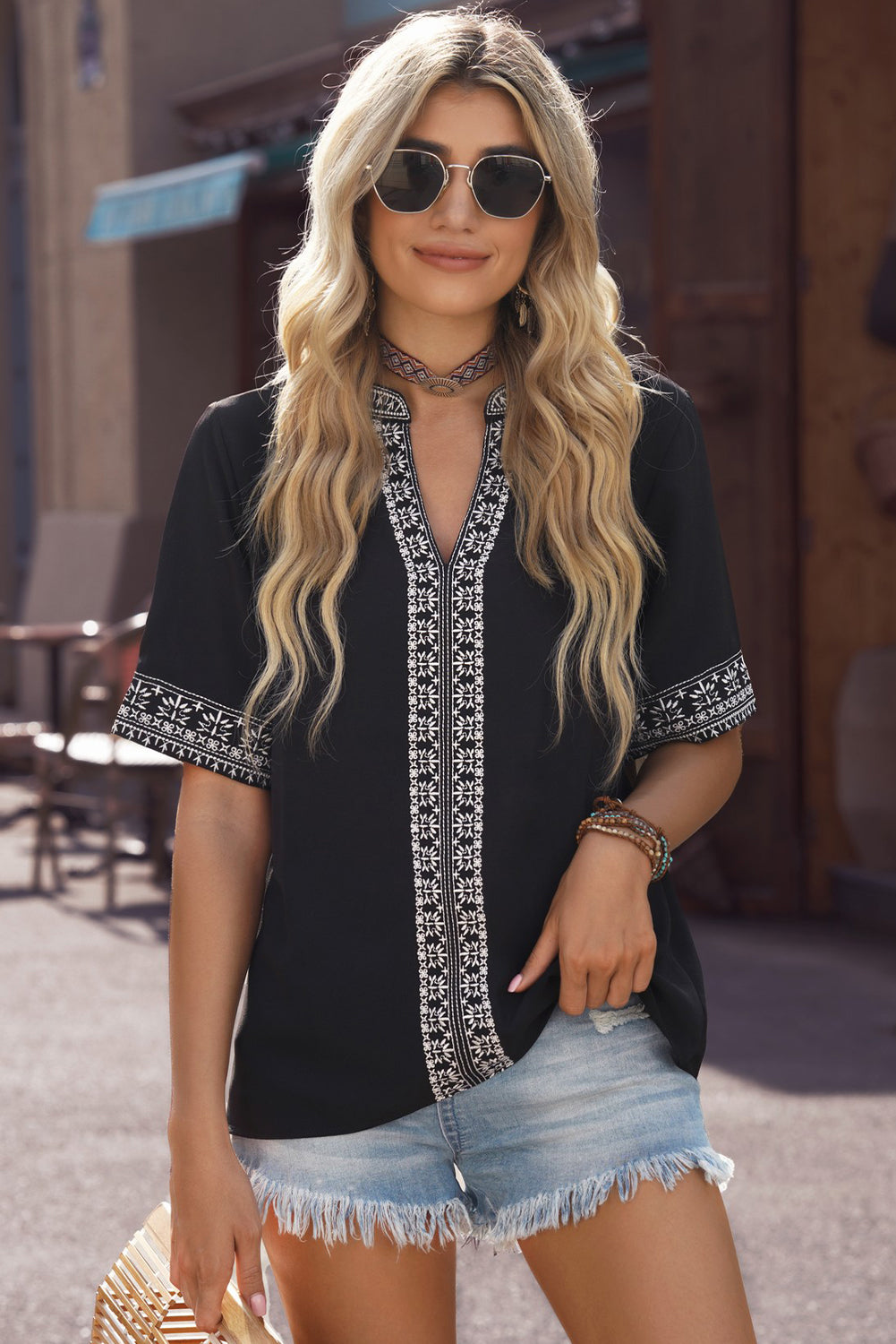 Dark Slate Gray Embroidered V-Neck Top Sentient Beauty Fashions Apparel & Accessories