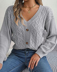 Light Slate Gray Cable-Knit V-Neck Lantern Sleeve Sweater Sentient Beauty Fashions Apparel & Accessories