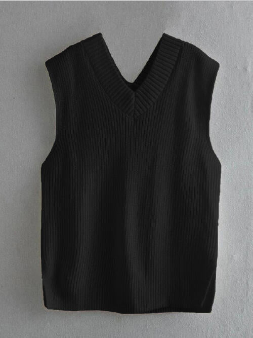 Dark Gray Ribbed V-Neck Sleeveless Sweater Vest