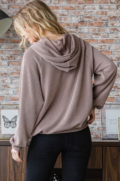 Rosy Brown Heimish Full Size Ribbed Drawstring Kangaroo Pocket Hoodie Sentient Beauty Fashions Apparel & Accessories