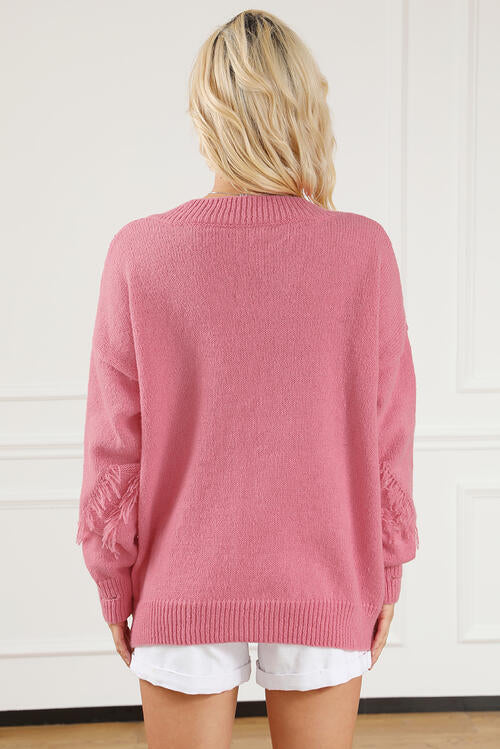 Light Gray Fringe V-Neck Long Sleeve Sweater